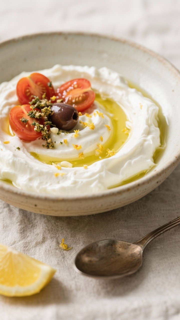 45-degree close-up of whipped feta cloud dip swirled in a shallow ceramic bowl, ultra-creamy and glossy from olive oil, flecked with optional grated garlic and lemon zest, crowned with halved cherry tomatoes and a rough olive-and-herb crunch, extra olive oil drizzled around, lemon wedge and spoon nearby on a light linen.
