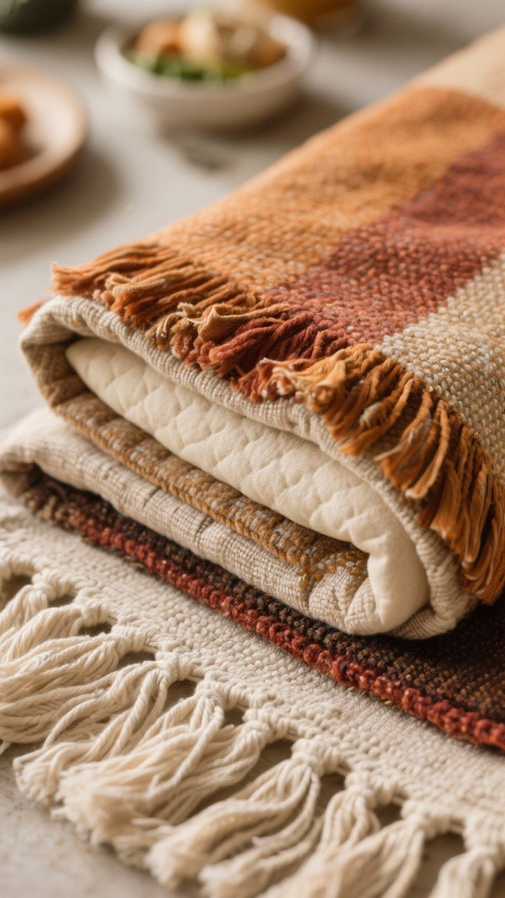 45-degree close-up prep scene for “Boho Fringe Blanket With Hidden Cushion Layer”: layered swatches showing woven cotton/linen blend top in warm earthy tones, brushed cotton/canvas backing beneath, a cut panel of 1/4-inch high-density foam padding, and a length of cream fringe trim (8–9 yards) draped along the edge; tactile contrast highlighted, shallow depth of field.