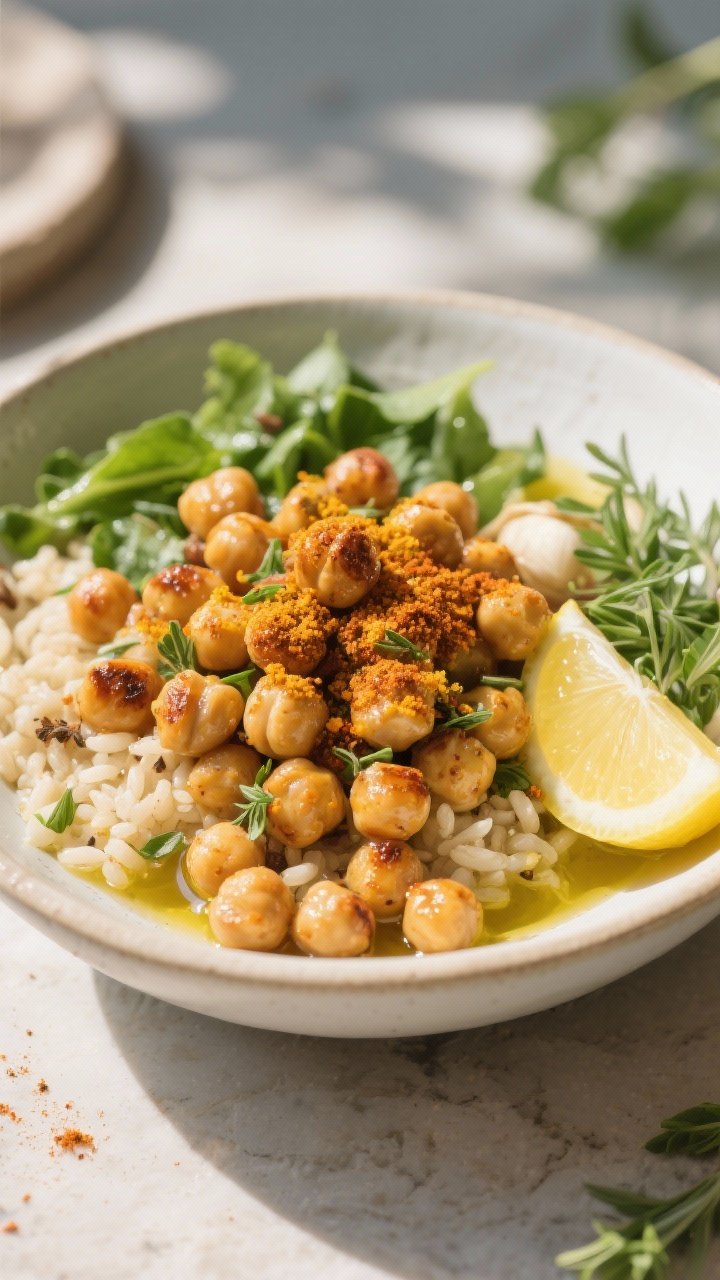 45-degree composed bowl shot of chickpea shawarma bowls: crisp roasted chickpeas coated in cumin, coriander, smoked paprika, turmeric, and garlic powder, piled over fluffy grains with a bed of greens; drizzled with olive oil, lemon wedge on the side, scattered fresh herbs; warm earth-toned spices dusting the chickpeas, set on a sunlit tabletop to suggest drought-smart simplicity.