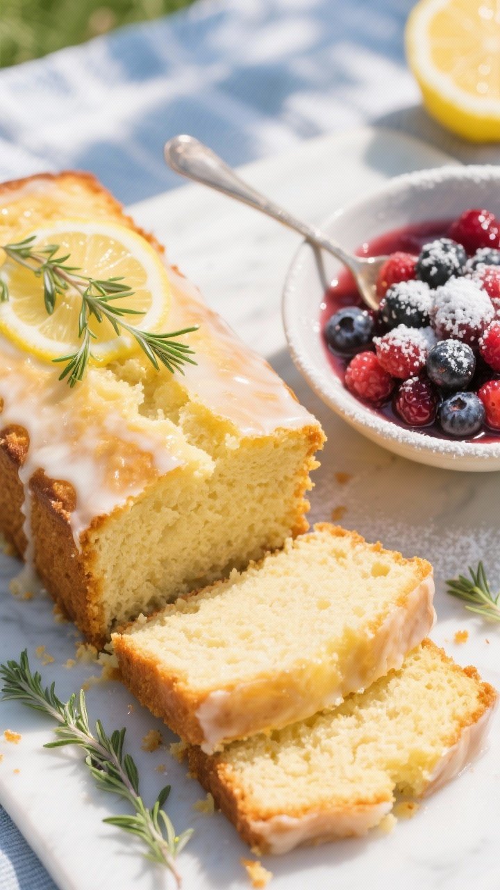 45-degree dessert presentation of lemon-thyme buttermilk pound cake: thick slices showing tender crumb, golden crust, lemon glaze sheen, fresh thyme leaves sprinkled; side bowl of macerated mixed berries glistening with their juices spooned over, powdered sugar dusting, bright daylight for a fresh, picnic-ready finish.