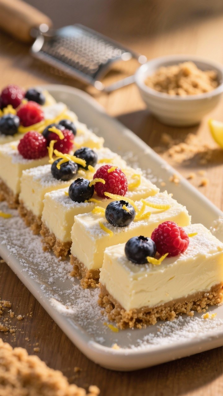 45-degree dessert tray shot: no-bake lemony berry cheesecake bars with a neat graham cracker crumb crust, smooth pale lemon cream cheese layer (with powdered sugar and a hint of sour cream/Greek yogurt), topped with glossy mixed berries; lemon zest sprinkled over, clean cuts, a small bowl of crumbs and a zester in background, warm golden-hour glow.