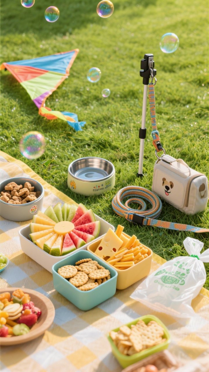 45-degree family-friendly snack tableau without people: kid-safe snacks (sliced fruit fan, cheese sticks, crackers) arranged in small compartments, a separate dog-safe treats tin and dedicated water bowl, a neatly coiled leash, waste bags, and a lightweight ground stake; bubbles and a small kite resting nearby hinting at play; bright, cheerful colors, safe and tidy layout.