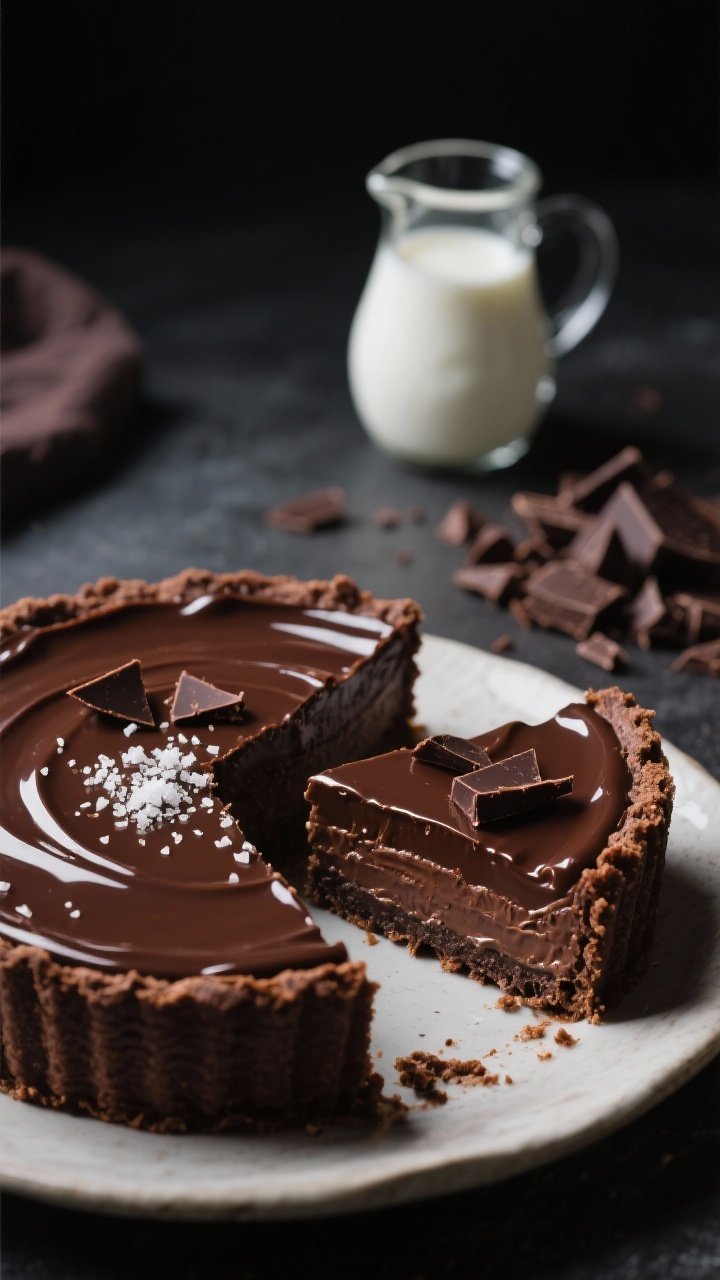 45-degree glamour shot of no-bake chocolate ganache tart: glossy dark chocolate ganache in a chocolate wafer crust, fine salt crystals and a few chocolate shards on top; a slice partially pulled out to reveal clean layers; a small pitcher with heavy cream and chopped chocolate bits in background; rich moody lighting, precise focus on sheen.
