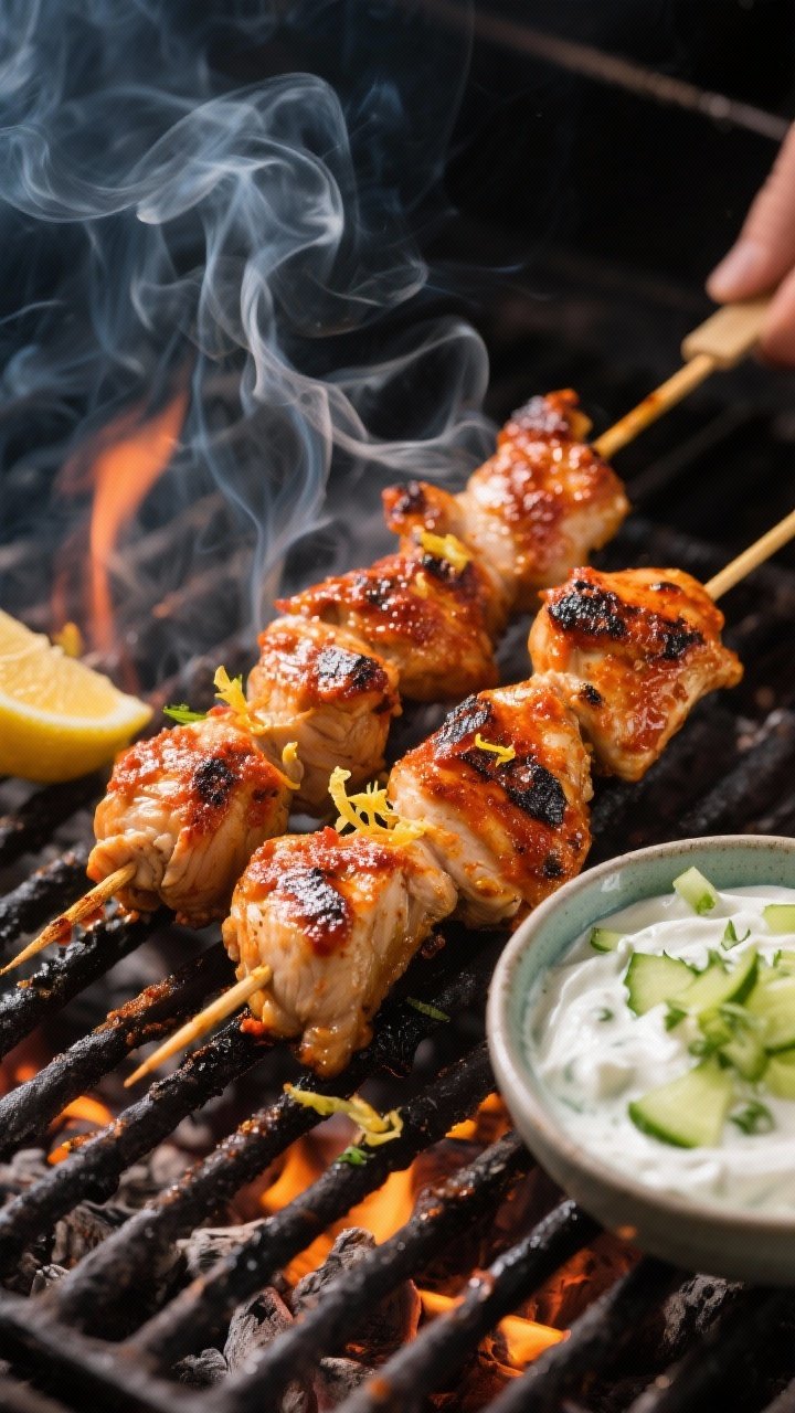 45-degree grill-side action shot of harissa chicken skewers: juicy chicken thigh pieces lacquered with harissa paste, olive oil, honey, lemon zest and juice, cumin, and smoked paprika; skewers with light char and caramelization; a chilled bowl of cucumber raita (yogurt flecked with grated cucumber and herbs) to the side; embers softly glowing, aromatic smoke curl.