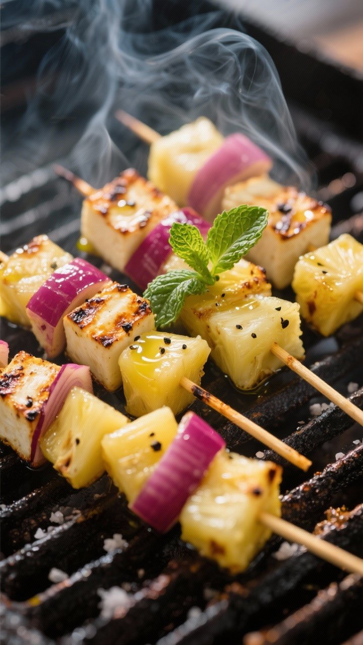 45-degree grill-side shot of pineapple and halloumi skewers: 1-inch halloumi cubes and fresh pineapple chunks alternating with red onion wedges, brushed with olive oil, sprinkled with black pepper and a pinch of kosher salt; finished with a fresh mint drizzle, steam and light smoke rising, charred edges catching the light.
