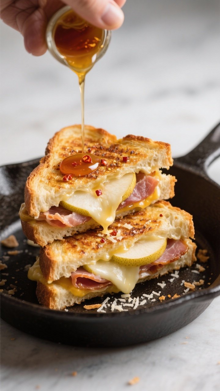 45-degree grilled cheese action shot: crispy prosciutto and pear grilled cheese sliced in half with cheese pull—grated Gruyère/fontina melting over layers of thin pear slices and prosciutto; sourdough crust deeply golden from butter; Dijon smear visible, hot honey drizzled over the top, tiny chili flecks glistening; set on a cast-iron skillet with crumbs.