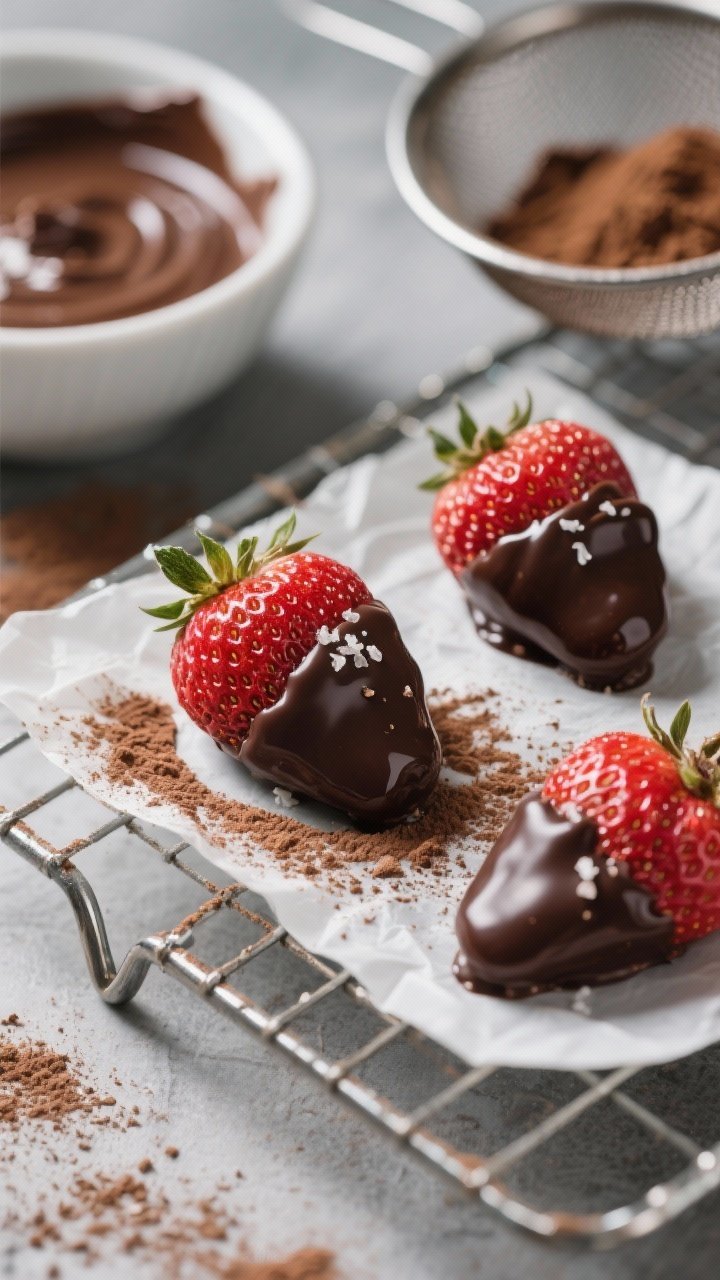 45-degree macro close-up of chocolate-dipped strawberries: perfectly dried strawberries half-dipped in silky dark chocolate (60–72%) with a thin sheen from a touch of coconut oil, dusted lightly with unsweetened cocoa powder and finished with a pinch of flaky sea salt; set on a wire rack over parchment, a bowl of melted chocolate and a sieve with cocoa nearby; sensual, glossy textures.