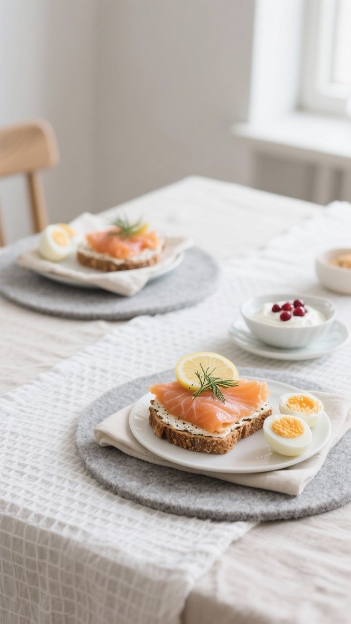 45-degree minimal Scandi brunch on natural flax stonewashed linen with a soft white waffle-weave runner, light gray round felt placemats, and off-white napkins; plated: open-faced smoked salmon smørrebrød with dill and lemon, soft-boiled eggs, and skyr with lingonberries; clean, neutral palette, soft window light, uncluttered styling emphasizing calm and balance.