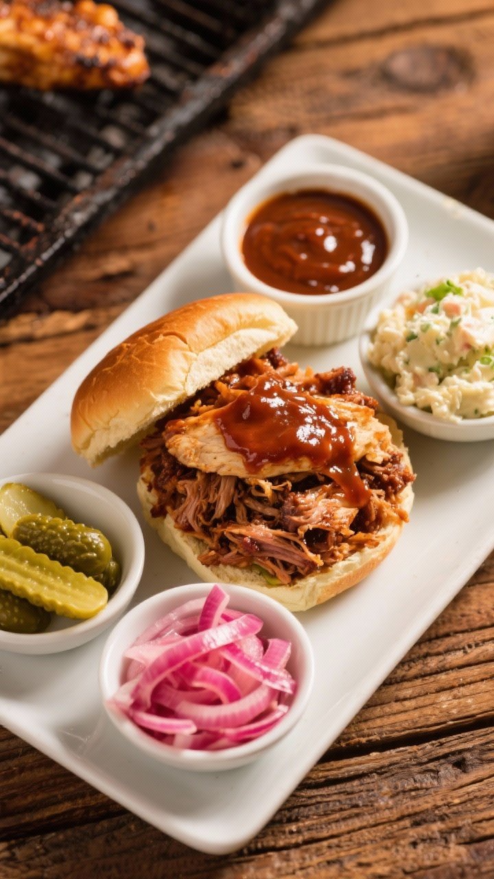 45-degree plated BBQ cooler spread: glossy pulled pork (or rotisserie chicken) tossed with BBQ sauce mounded on open brioche buns, with sides of classic potato salad, pickled red onions, and bread-and-butter pickles in small bowls; sticky sauce sheen, smoky vibe, warm wood background, extra BBQ sauce in a ramekin, inviting grill-side energy.
