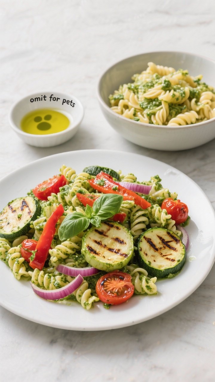 45-degree plated Grilled Veggie Pesto Pasta with pet-friendly side: al dente fusilli tossed in bright green pesto, charred zucchini half-moons, roasted red bell pepper strips, blistered cherry tomatoes; sliced red onion grilled but shown in a small side dish marked “omit for pets”; a plain bowl of undressed pasta for paws; olive oil sheen, basil garnish, summery grill marks.