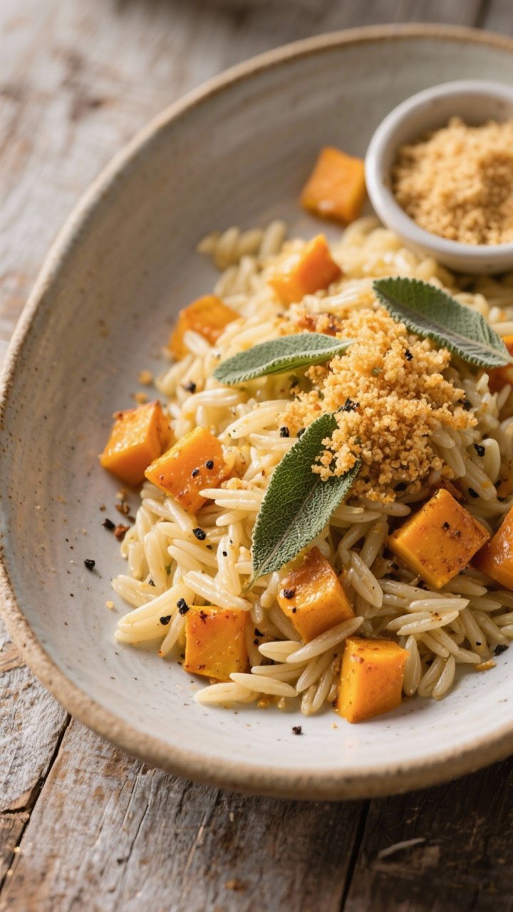 45-degree plated orzo with roasted butternut and sage: tender orzo folded with small diced roasted butternut squash, flecks of cracked black pepper, and ribbons of fresh sage; crowned with golden brown butter panko breadcrumbs for crunch; served in a shallow ceramic bowl on a rustic table, buttery breadcrumbs in a tiny dish at side.