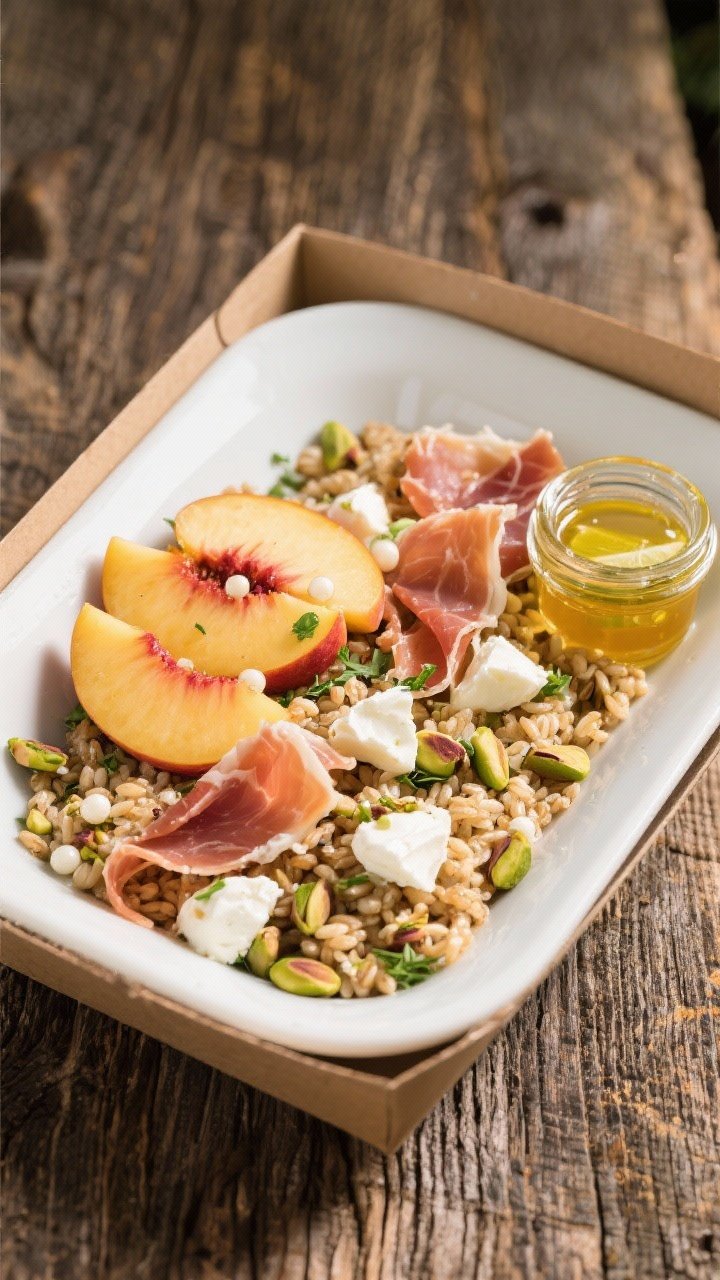 45-degree plated picnic box of herbed farro, peach, and prosciutto: fluffy farro tossed with herbs, ripely sliced peaches fanned over, torn prosciutto ribbons, mozzarella pearls/burrata pieces, and chopped toasted pistachios; a small lidded jar of honey-lime dressing on the side, zesty shine on fruit, wood-grain backdrop.