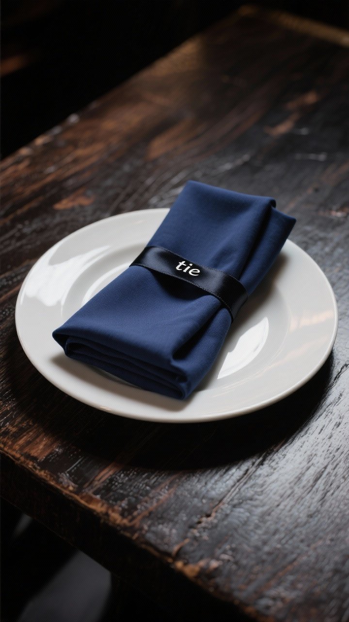 45-degree plated presentation of a French Folded Tuxedo napkin in deep navy, heavily starched for razor-sharp creases; a slim black ribbon tied as a “tie” accent at the center; set on a dark wood table for steak-night VIP mood, moody directional lighting and a subtle sheen on the fabric.