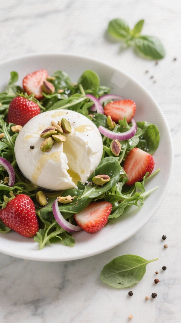 45-degree plated presentation of a Strawberry Burrata Salad: mixed baby greens (spinach and arugula) piled loosely, halved strawberries glistening, a torn burrata ball oozing creamy center, toasted pistachios scattered, paper-thin red onion curls, and a basil–black pepper vinaigrette drizzled; white shallow bowl on a light marble surface, a few basil leaves and cracked pepper visible; clean, romantic, springlike color palette.