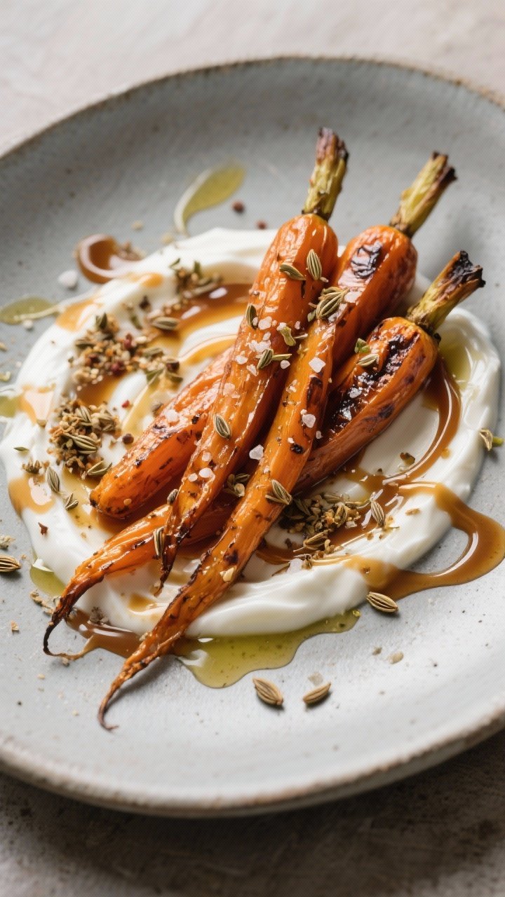 45-degree plated presentation of caraway-roasted carrots on a smear of brown-butter yogurt: caramelized, slightly charred carrot halves speckled with crushed caraway, salt, and pepper; ribbons of glossy brown butter pooled around tangy Greek yogurt; a sprinkle of dukka dust for crunch; served on a matte stoneware plate with olive oil drips and a few extra caraway seeds.