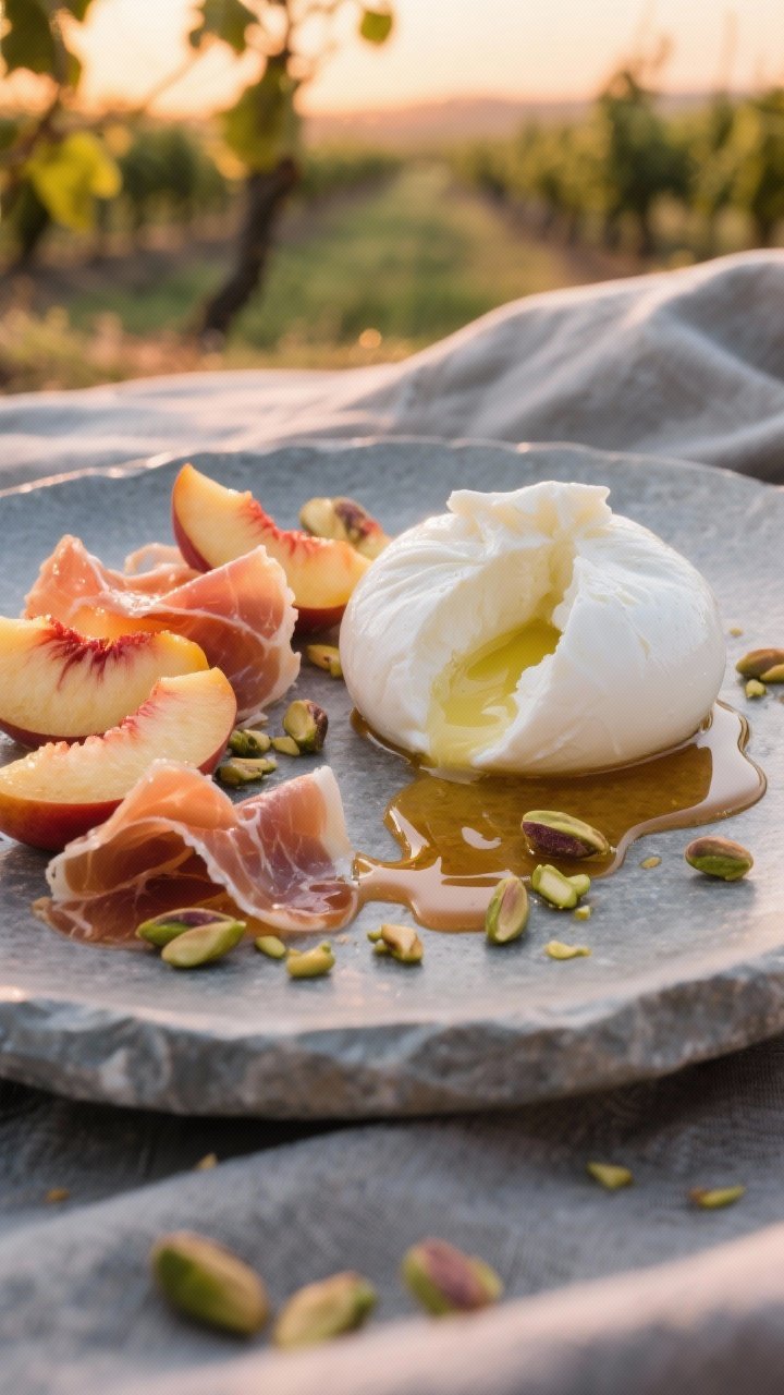 45-degree plated presentation of creamy burrata with sliced ripe peaches/nectarines and ribbons of prosciutto on a cool stone platter: glossy hot honey drizzle pooling around, chopped toasted pistachios sprinkled, a light sheen of extra-virgin olive oil; warm sunset tones, juicy stone fruit glisten, soft burrata tear revealing creamy interior; minimalist styling, vineyard picnic ambiance.
