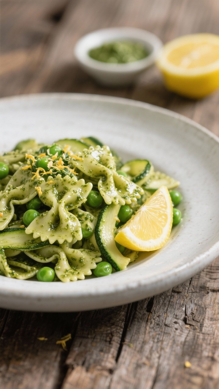 45-degree plated presentation of Emerald Pesto Pasta: farfalle coated in basil pesto with bright peas and delicate zucchini ribbons; a squeeze of lemon glistens, micro-grated lemon zest sprinkled on top; served in a matte white bowl on a rustic wood table, a small bowl of extra pesto and a lemon half in background, selective focus on glossy pasta and ribbons.