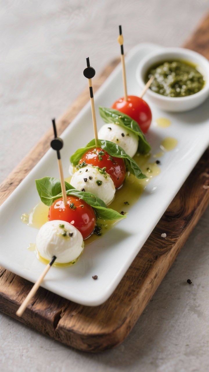 45-degree plated presentation of no-cook caprese skewers: cherry tomatoes, ciliegine mozzarella balls, and fresh basil leaves on short picks, lightly seasoned with salt and black pepper, finished with a glossy pesto and olive oil drizzle; set on a rustic wooden board with a small dish of extra pesto.