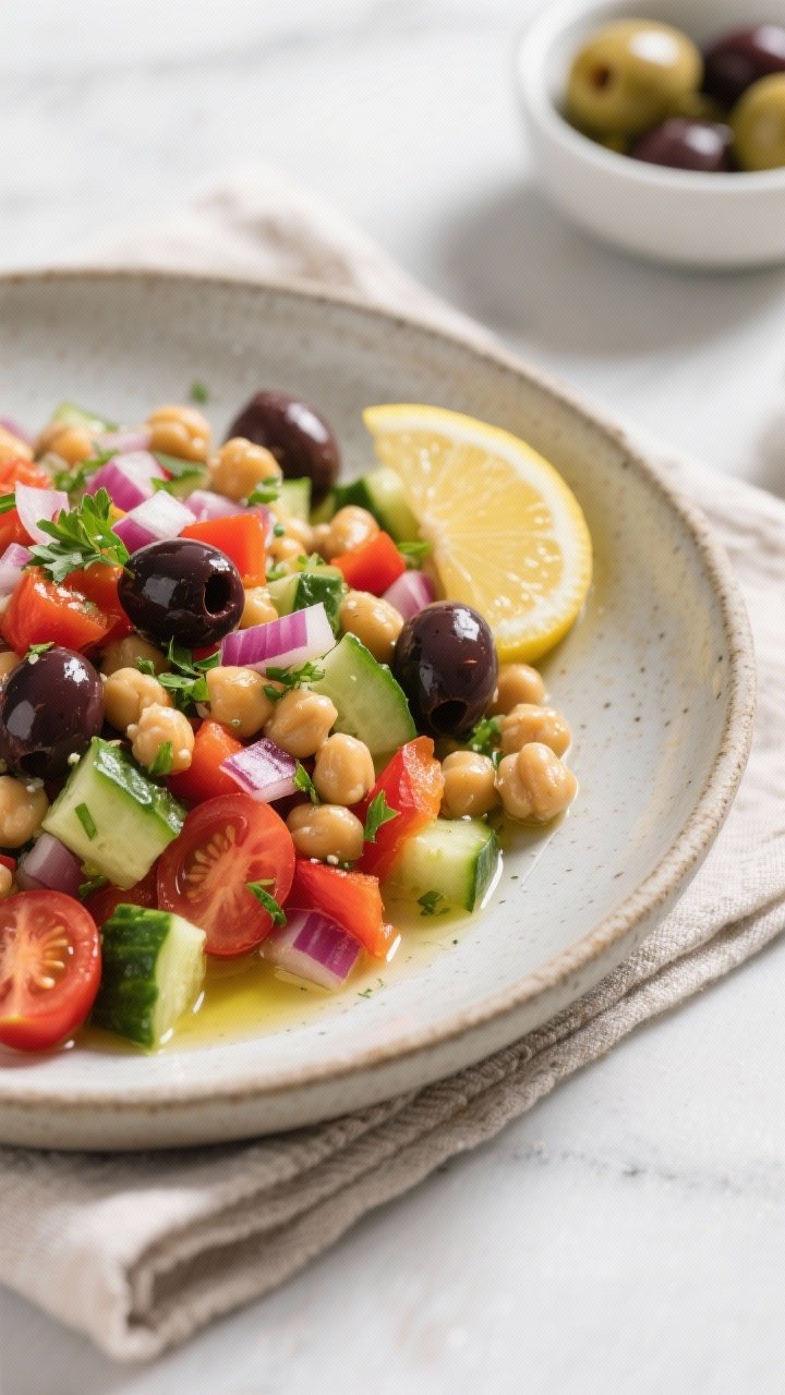 45-degree plated shot of a zesty Mediterranean chickpea salad in a shallow stoneware dish: plump chickpeas, diced English cucumber, diced red bell pepper, halved cherry tomatoes, finely diced red onion, and glossy Kalamata olives; sprinkled with chopped parsley and a drizzle of extra-virgin olive oil, a lemon wedge on the side; clean, airy Mediterranean styling with a linen napkin and small bowl of olives in background, no people.