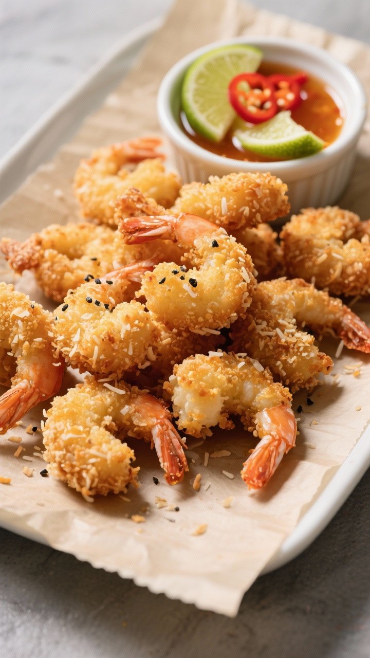 45-degree plated shot of crispy coconut shrimp bites piled on a parchment-lined platter: golden panko-and-shredded-coconut crust, tails on, seasoned with kosher salt and black pepper; a glossy chili-lime dipping sauce in a ramekin with lime wedges and red chili slices; crunchy texture emphasized with directional light.