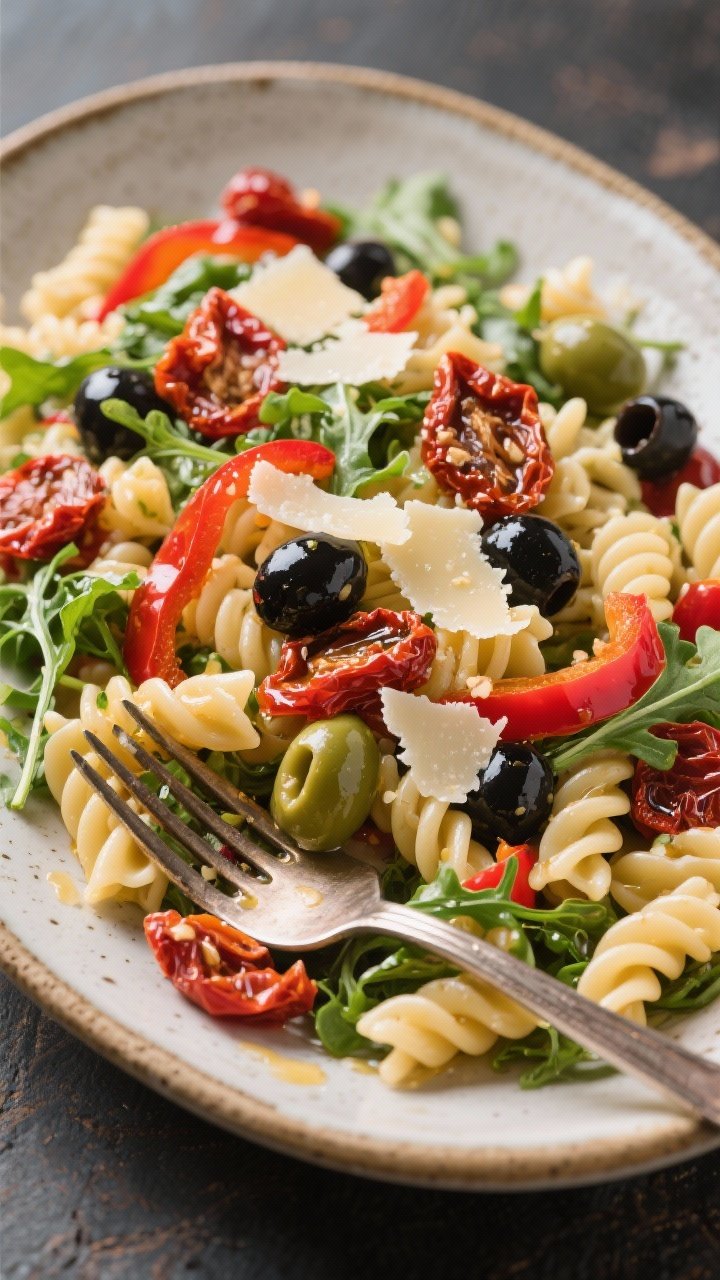 45-degree plated shot of Hilltop Energy Pasta Salad: short pasta shapes tossed with sliced sun-dried tomatoes in oil, black/green olives, fresh arugula, shaved Parmesan, and ribbons of roasted red peppers; a light sheen of dressing clings to the pasta; served in a large ceramic platter with a fork tucked in, vibrant reds and greens contrasting creamy Parmesan curls.