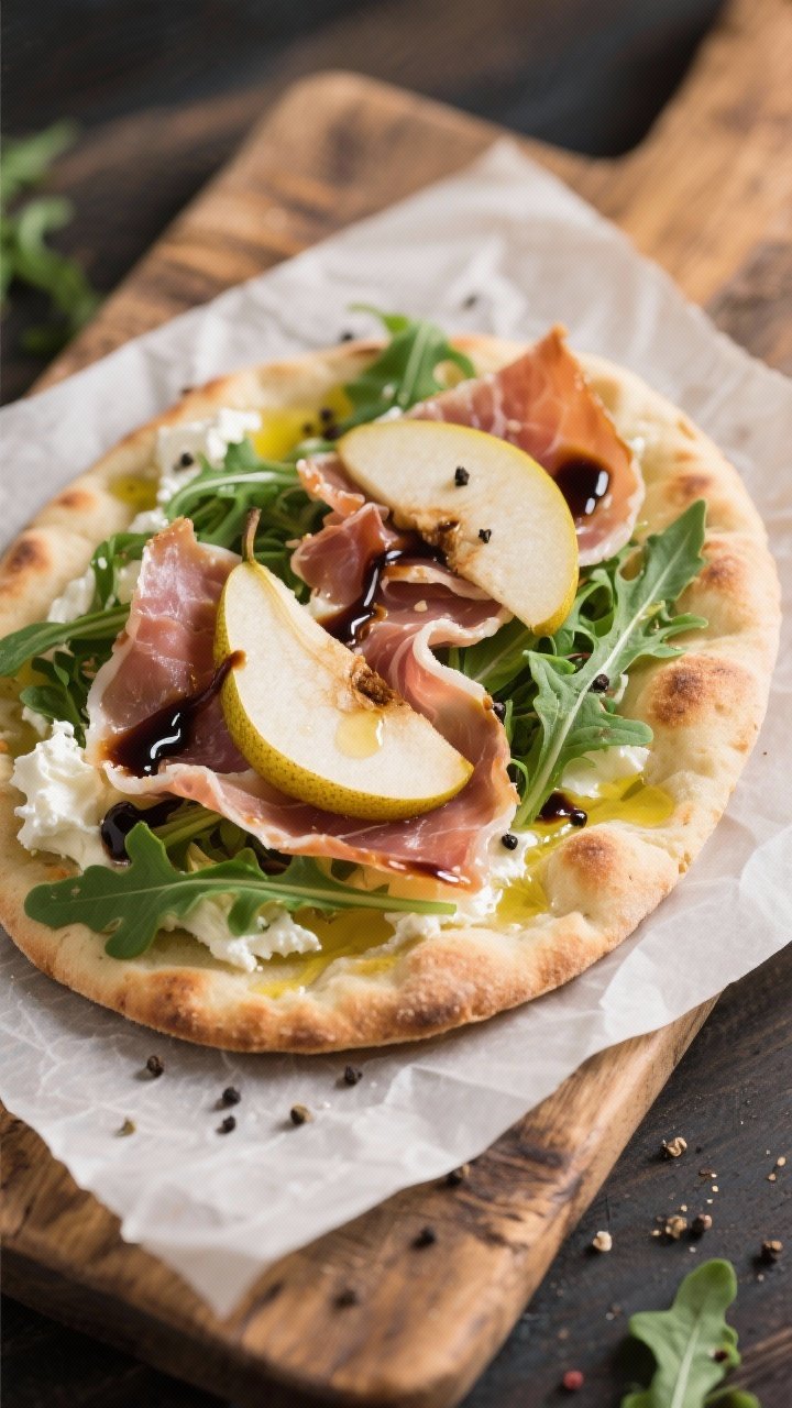 45-degree plated shot of pear, prosciutto, and arugula flatbreads: naan topped with a swoosh of soft goat cheese, a brush of olive oil, thin pear slices, ribbons of prosciutto, a handful of peppery arugula, and a glossy balsamic glaze drizzle; freshly cracked black pepper visible; set on parchment over a rustic board for handheld appeal.