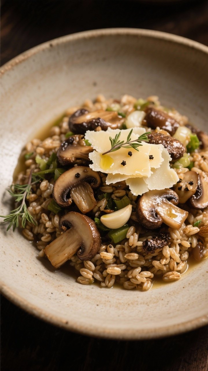 45-degree plated shot of truffled mushroom farro salad: pearled farro cooked in broth piled in a shallow ceramic bowl, sautéed mixed mushrooms (cremini, shiitake, oyster) with minced shallot and garlic layered on top, shaved Parmesan ribbons, drizzle of truffle oil, cracked pepper, a few thyme leaves for aroma; warm, moody lighting to emphasize earthy tones and glossy mushroom caps.