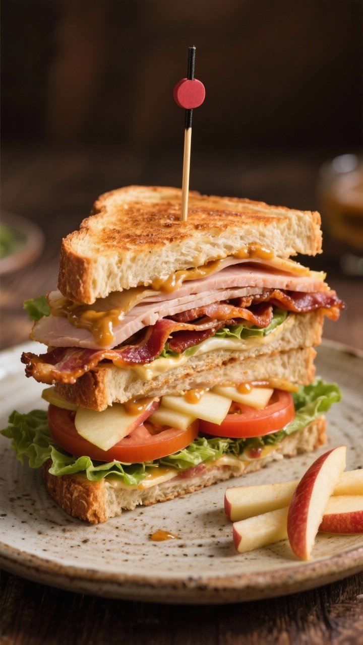 45-degree plated stack of a smoky turkey club: toasted sturdy sandwich bread layers with smoked turkey, crisp bacon strips, thin Honeycrisp apple slices for sweetness and crunch, tomato slices, and romaine. A swipe of maple-mustard visible at the cut edge, sandwich halved and stacked with toothpicks, on a rustic plate with a few apple matchsticks on the side, warm, inviting tones.