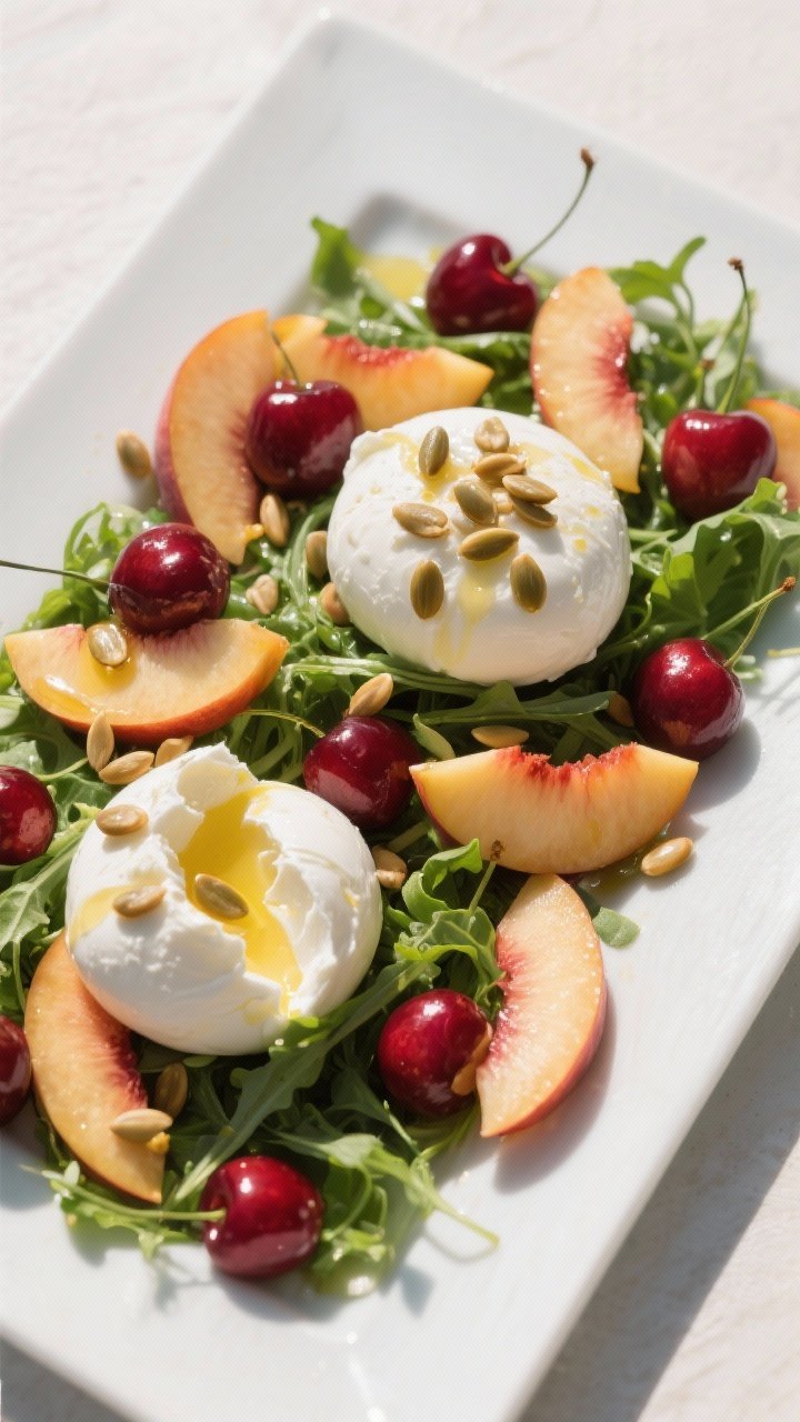 45-degree plated summer stone fruit and burrata salad: thick peach or nectarine slices and halved cherries scattered over baby arugula, two creamy burrata balls torn open to reveal ooze; toasted pumpkin seeds sprinkled on top, a light honey-lemon or olive oil sheen visible, jewel-toned fruit against fresh greens, bright sunny ambiance.