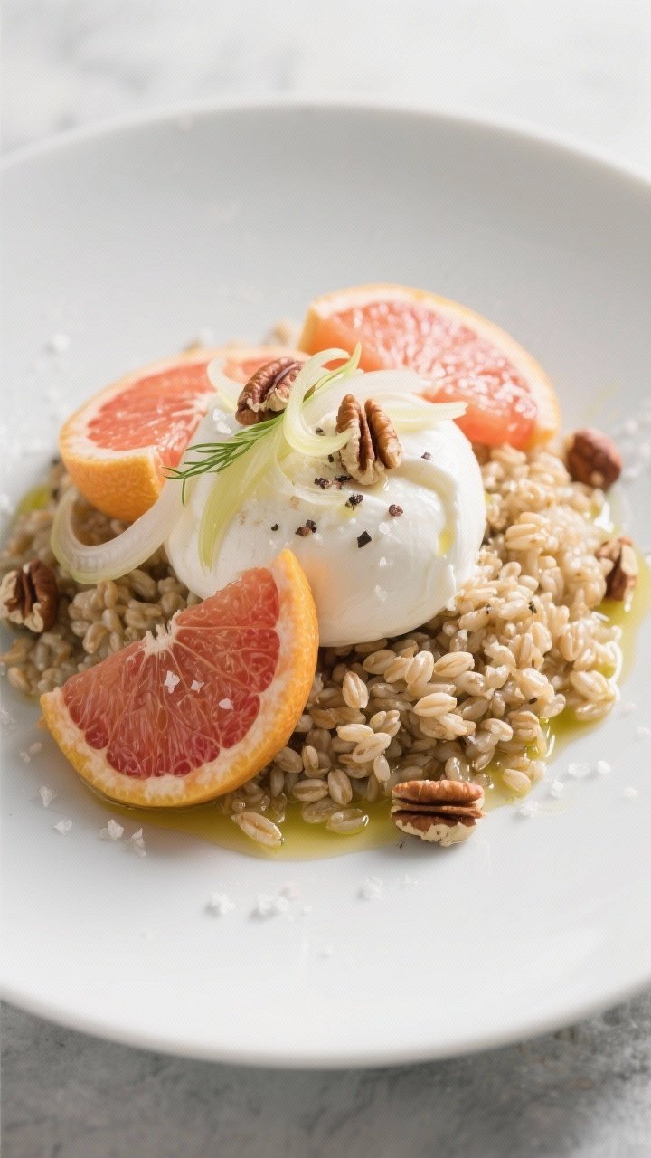 45-degree plated winter citrus farro: tender pearled farro mounded and glistening, topped with segmented Cara Cara/navel orange and optional grapefruit, thinly shaved fennel, toasted hazelnuts, and torn creamy burrata pooling slightly; drizzle of olive oil, flaky salt; vibrant citrus against neutral grains, cool winter light.