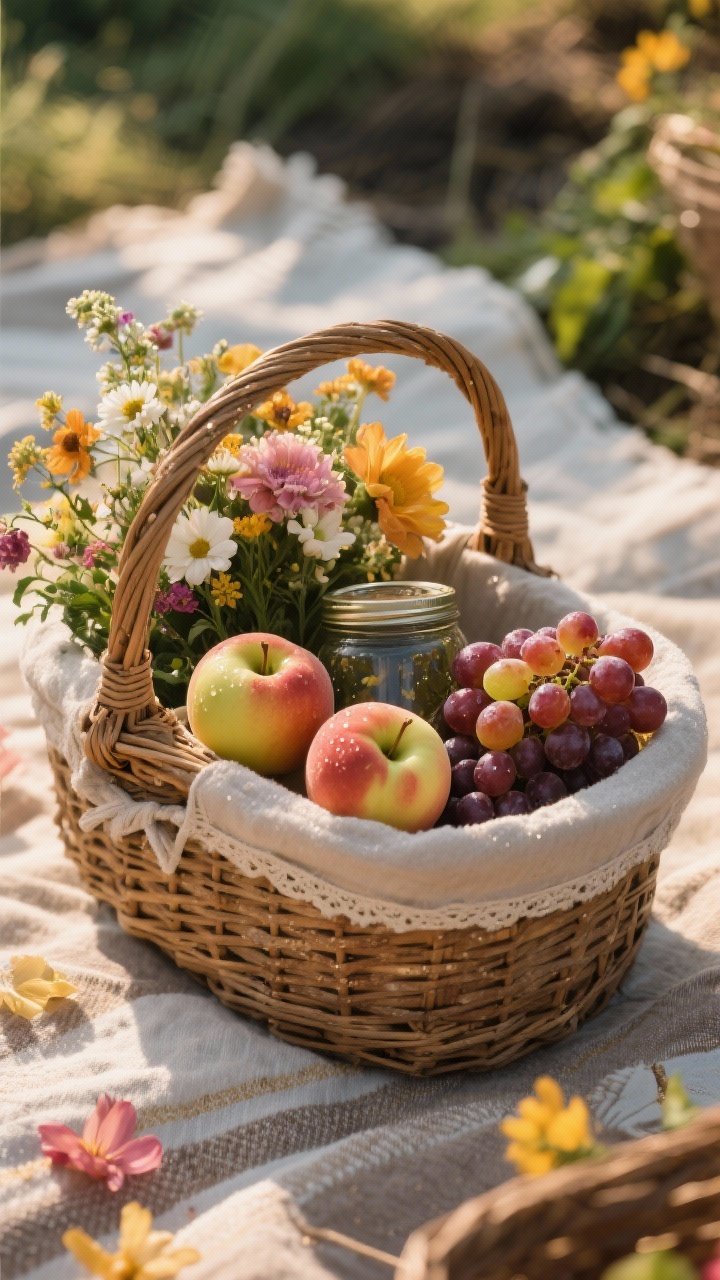 45-degree rustic basket still life: a medium wicker basket lined to protect, with jars/foam inside to hold florals plus fruit nestled among blooms; include 3 small apples or peaches and a bunch of grapes mingling with seasonal flowers (matching the farm-stand vibe), rich textures of wicker, dew-kissed fruit, and petals, set on a picnic blanket with warm afternoon light.