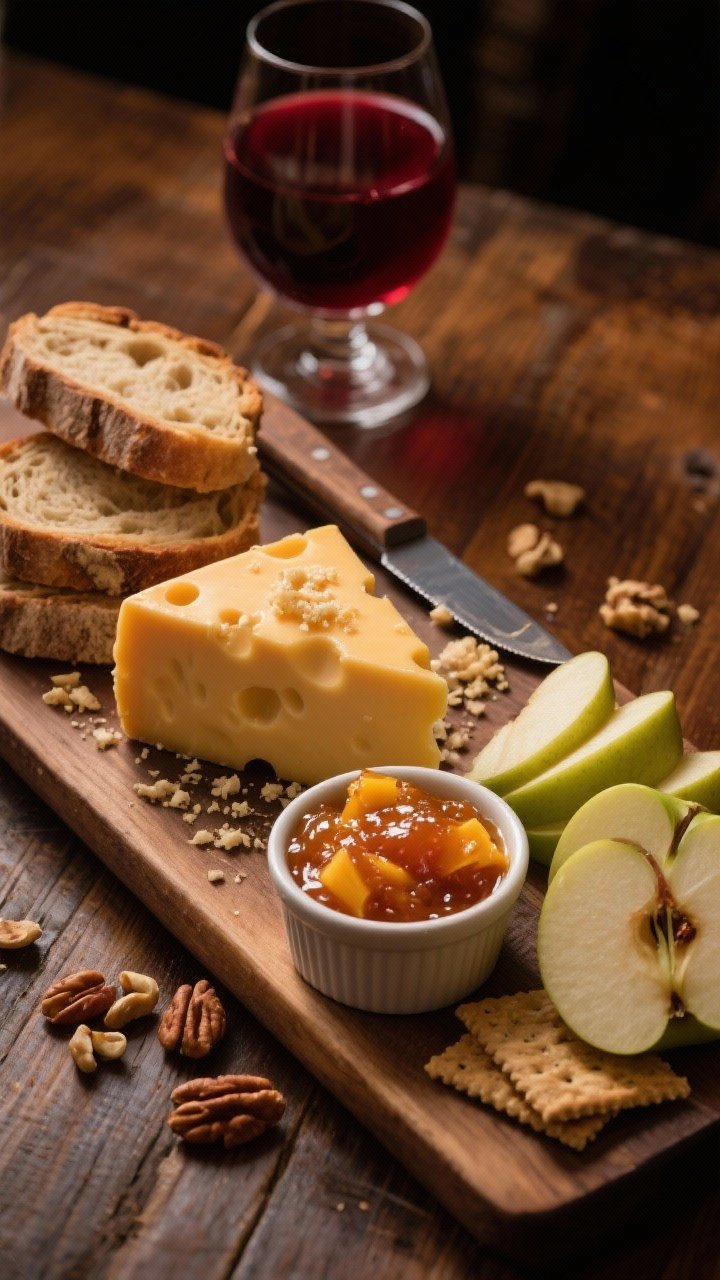 45-degree rustic pub-style board shot: thick wedges of aged sharp Cheddar with crumbly texture, crisp Granny Smith and Honeycrisp apple slices, a ramekin of glossy spiced mango/apple chutney, sturdy crackers and rustic bread slices stacked, a scattered handful of roasted nuts, bold red wine in a short-stem glass in the background; warm wood surface, knife with cheese crumbs, moody pub lighting highlighting sharp edges and hearty textures.