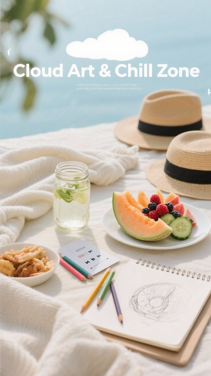 45-degree serene “Cloud Art & Chill Zone” snack and sketch corner: lightweight blankets with sketchpads and colored pencils; a minimalist plate of sliced melon, berries, and cucumber water in a mason jar. Soft playlist card nearby, sun hats in background blur. Airy tones, fresh fruit sheen, relaxed mood.