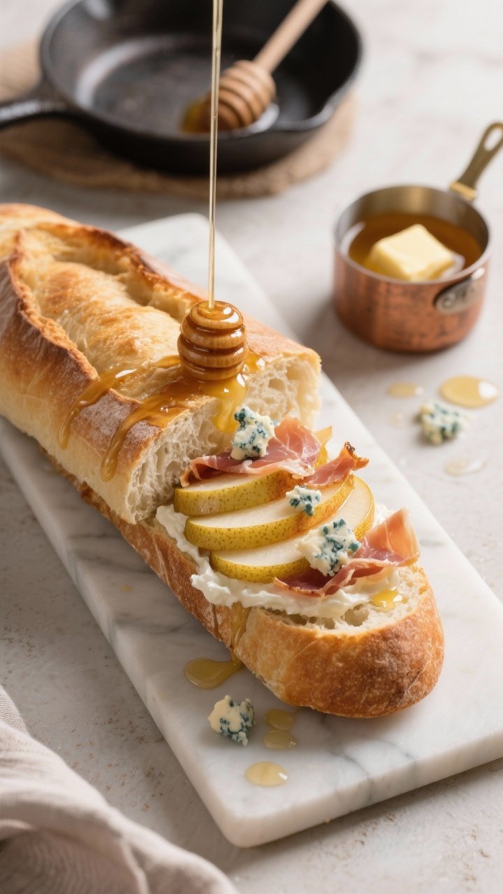 45-degree shot of a baguette sandwich board: slices of sturdy baguette layered with honey-roasted pear wedges glazed with butter and a touch of apple cider vinegar, dollops of blue cheese and mascarpone mingling, and crisped prosciutto shards scattered on top; honey drips on the board, with a small pot of warmed honey and a buttered skillet in the background.