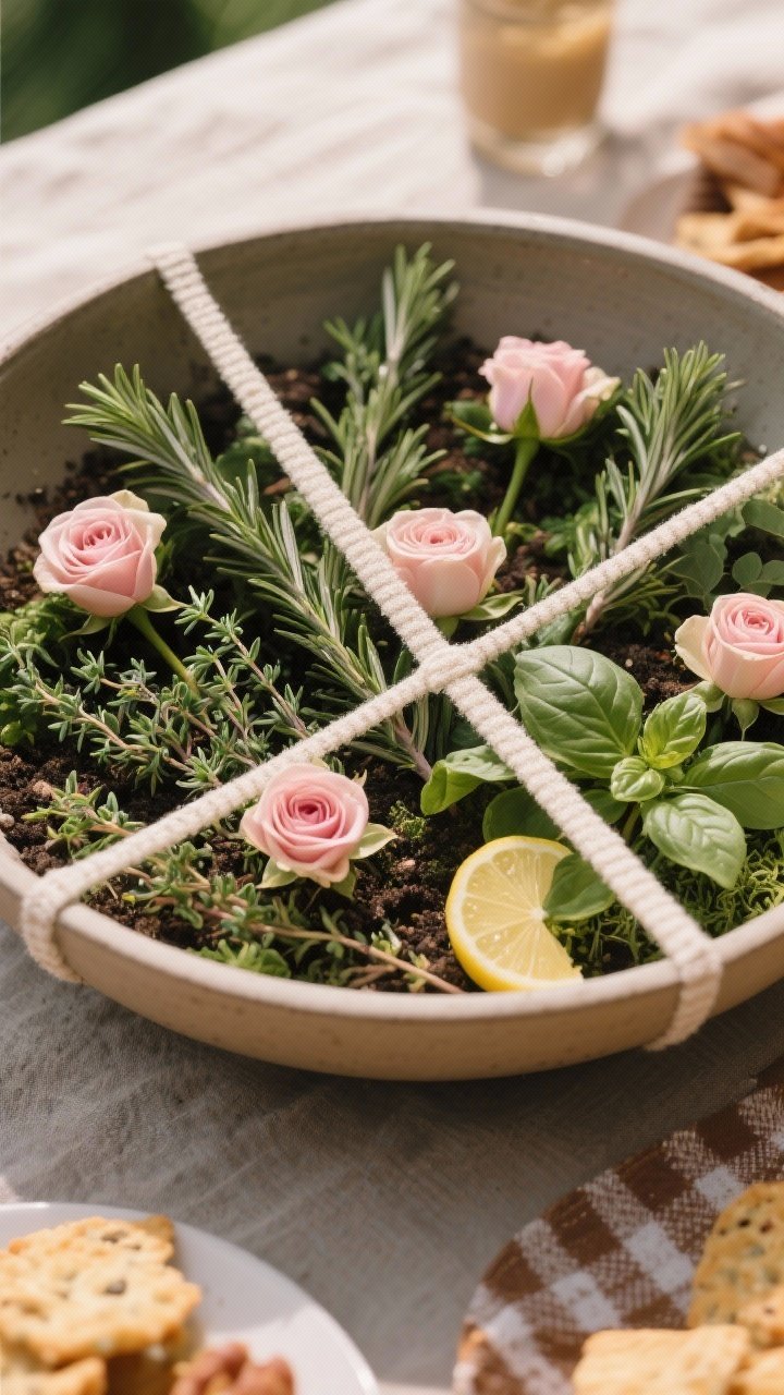 45-degree shot of a low herb garden bowl centerpiece: a shallow bowl with subtle crisscross floral tape grid (or foam) anchoring 6 rosemary, 6 thyme, 4 basil/lemon basil, and 6 small spray roses peeking through; herbs lush and edible-looking, styled near picnic snacks to imply flavor synergy, earthy tones with pops of blush from roses, tight depth of field on aromatic leaves.