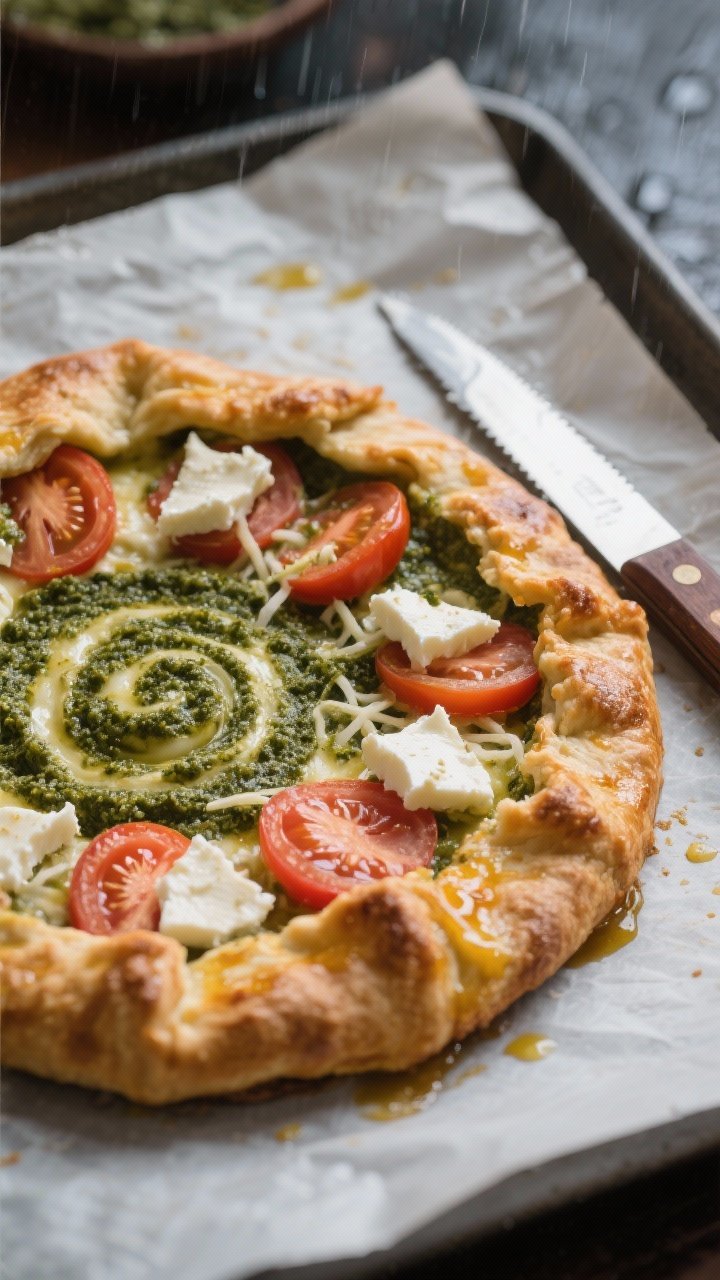 45-degree shot of a rustic Caprese pesto galette: crimped pie crust edges deeply golden from egg wash, interior swirled with basil pesto, layered with thin tomato slices, shredded low-moisture mozzarella melted and a few torn fresh mozzarella pieces puddling; baked on parchment-lined sheet, a knife nearby with tomato juices; cozy indoor rain-plan ambiance.