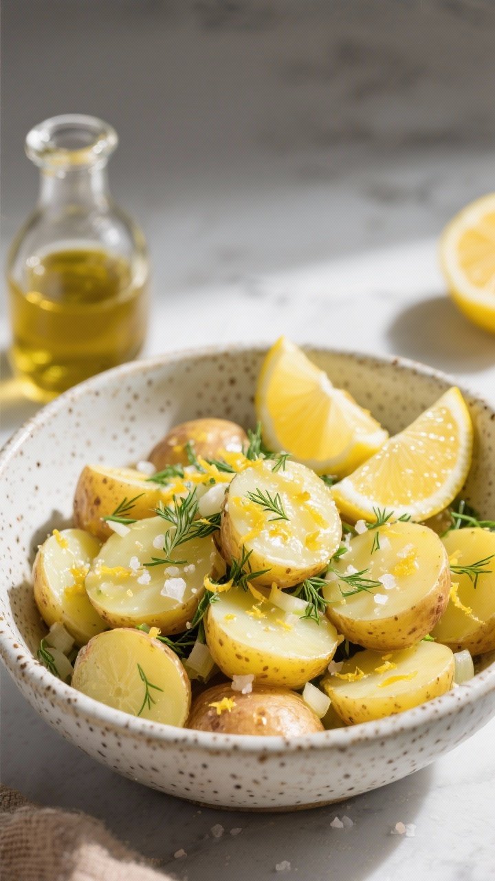 45-degree shot of lemon-dill potato salad (no mayo) in a speckled ceramic bowl: halved small yellow potatoes glistening with olive oil, lemon zest and juice, Dijon and a hint of honey; flecks of fresh dill and finely minced shallot throughout; finishing sprinkle of flaky salt, with a small carafe of vinaigrette and sliced lemons nearby; bright, clean, tangy mood, no people.