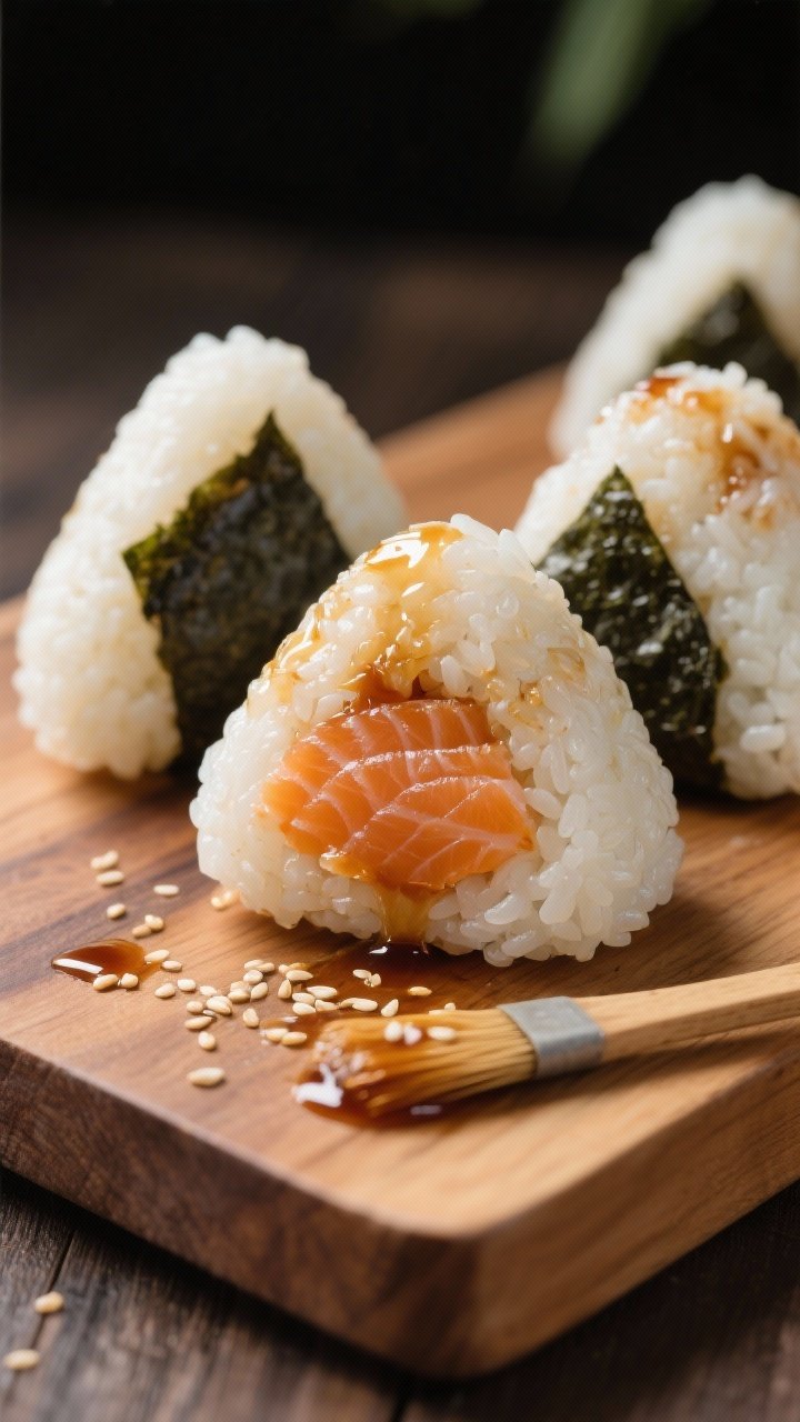 45-degree shot of onigiri-inspired salmon rice balls: triangles of glossy short-grain rice seasoned with rice vinegar, filled with maple–Dijon–soy glazed salmon flakes; a small brush with remaining glaze, sesame seeds sprinkled, a few pieces wrapped partially with nori; warm wood board, clean lines, appetizing glaze shine.