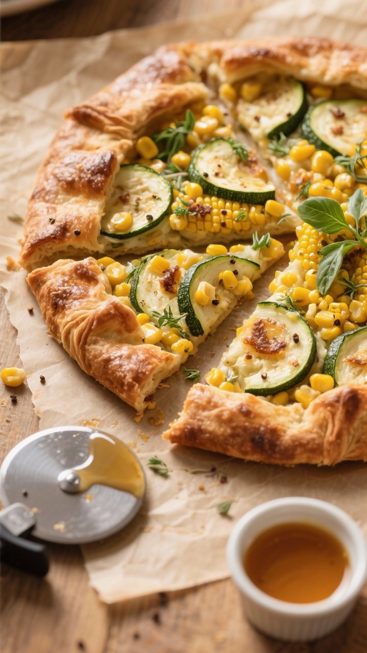 45-degree slice-focused shot of a sweet corn, zucchini, and herb galette on parchment: rustic brown-butter crust with visible flaky layers and caramelized edges, open-faced center filled with golden corn kernels, thin zucchini rounds, and mixed herbs (basil, parsley, thyme); a brush of egg wash shine, a few browned cheese flecks if used, and cracked pepper on top; a pizza wheel and a small ramekin of browned butter nearby; warm, golden light for cozy appeal.