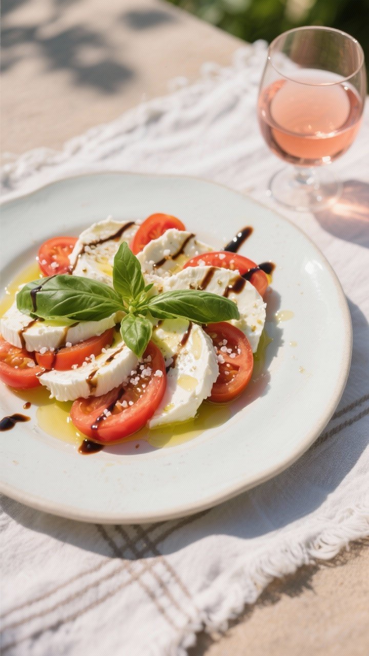 45-degree vibrant Caprese-style plate: torn fresh mozzarella mounded with halved cherry tomatoes, fresh basil leaves tucked in, extra-virgin olive oil shimmering over the surface, a delicate zigzag of balsamic glaze, finished with flaky sea salt crystals; pale plate on sunlit picnic cloth, chilled rosé in a stemless glass nearby; juicy tomato textures and milky mozzarella highlighted, summertime brightness.