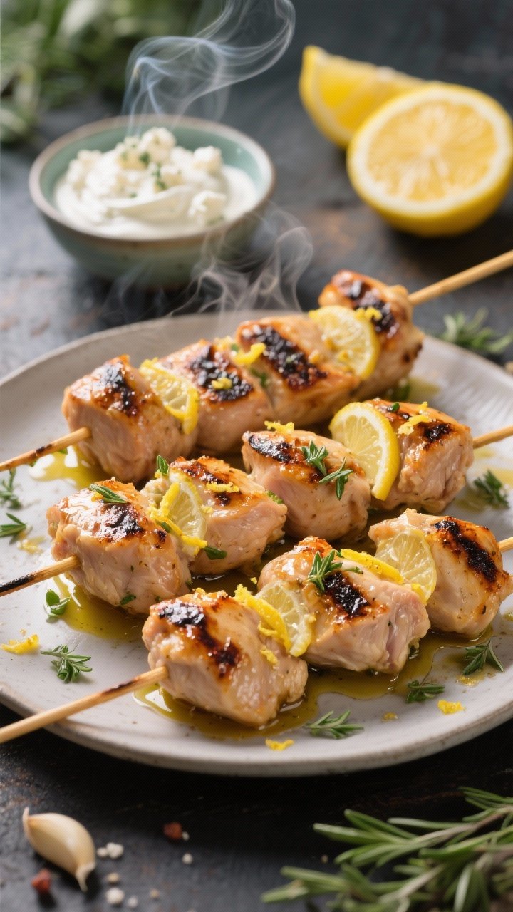 5-inch chicken thigh pieces threaded on skewers, glistening with a marinade of lemon zest and juice, olive oil, minced garlic, chopped fresh oregano, and a touch of salt and pepper; char marks just forming, with a small bowl of creamy yogurt-feta dip and lemon wedges in the background; vibrant, summery, aromatic steam rising.