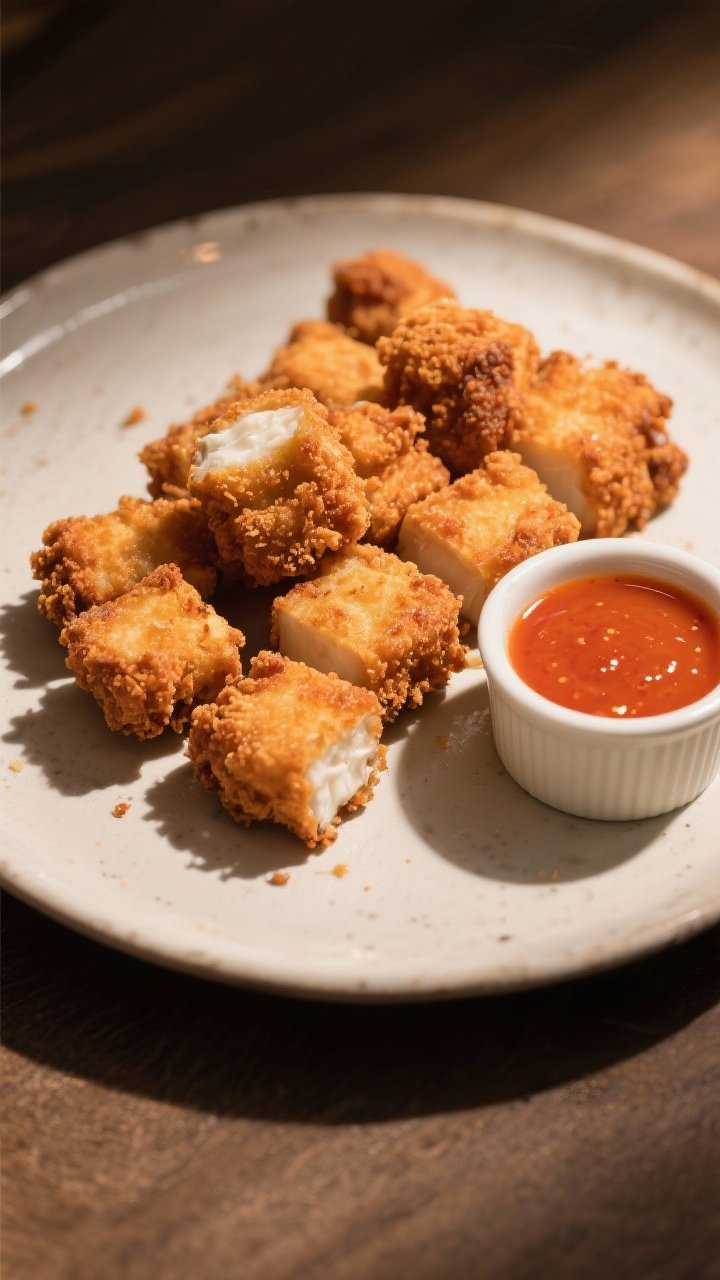 5-inch chunks, visibly crunchy; a small bowl of buttermilk-hot sauce marinade off to the side, and a ramekin of dipping sauce; warm directional light to highlight texture and crisp edges.