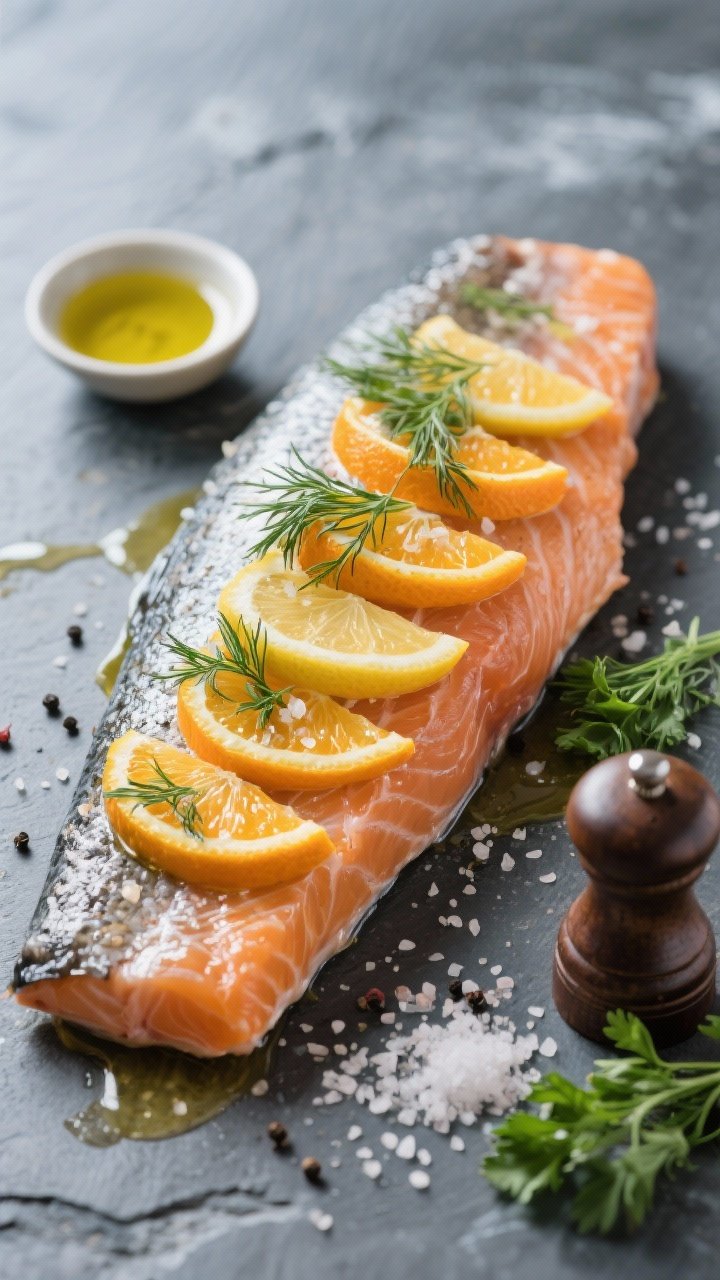 5 lb salmon fillet, skin-on, layered with thin orange and lemon slices, fresh dill and parsley sprigs tucked along the sides, brushed with olive oil, sprinkled with flaky sea salt and black pepper. Capture citrus oils and sea salt crystals, with a small dish of olive oil and a pepper mill nearby, cool slate backdrop for a coastal, mineral mood.