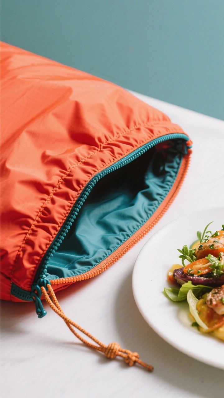 9 oz) in a bright color layered over silnylon/PU-coated nylon, fold-over elastic (6–8 yards) threaded nearby, a small zipper or cord (8–10 inches) positioned beside a partially formed stuff pocket; polyester thread and minimalist, packable vibe.