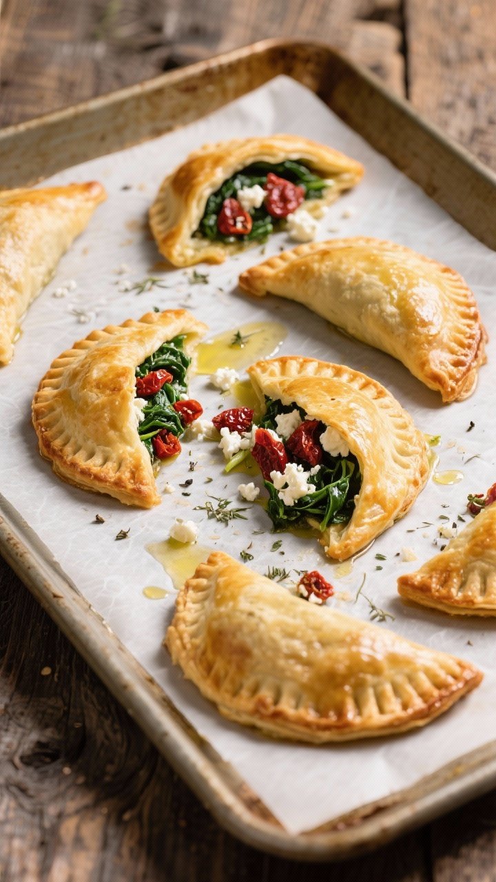 A 45-degree angle baking-sheet shot of Crescent Moon Savory Hand Pies: golden puff pastry turnovers shaped like crescents, filled with sautéed garlic spinach, crumbled feta, and chopped sun-dried tomatoes, seasoned with kosher salt, black pepper, and dried oregano; flaky layers catching light, a few cut pies revealing vibrant red and green filling, brushed with olive oil for sheen, parchment-lined tray on a rustic wood table.