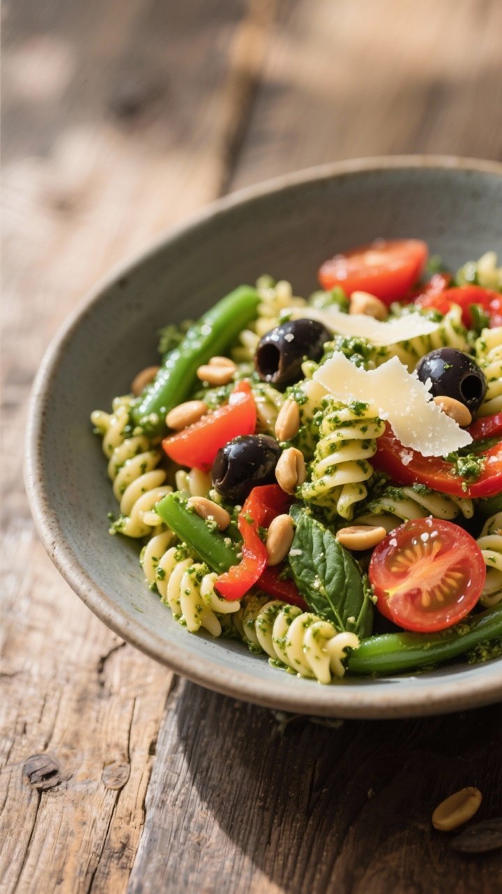 A 45-degree angle bowl shot of pesto pasta salad: al dente short pasta (fusilli) coated in basil pesto, halved cherry tomatoes, blanched green bean pieces, sliced roasted red peppers, and Kalamata olives; sprinkled with pine nuts and Parmesan shavings, served in a matte ceramic bowl on a rustic wooden table, bright natural light.