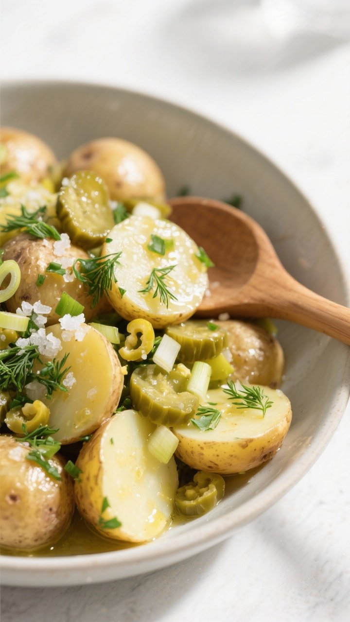 A 45-degree angle close-up of no-mayo herbed potato salad: halved Yukon Gold potatoes glistening with a vinaigrette, studded with finely chopped cornichons or dill pickles, thinly sliced scallions, fresh chopped dill, and parsley; flakes of sea salt visible, served in a wide shallow bowl with a wooden spoon, bright, clean light.