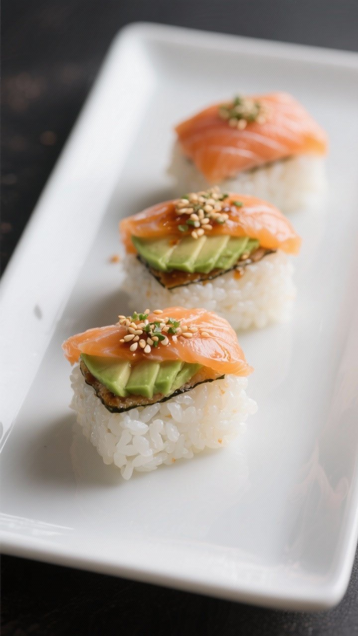 A 45-degree angle composition of sushi-style rice bites: compact squares of glossy sushi rice seasoned with rice vinegar, sugar, and salt, topped with folded slices of smoked salmon, thin avocado fans, toasted sesame seeds, and a drizzle of furikake; clean lines on a white rectangular plate, minimal, modern aesthetic.