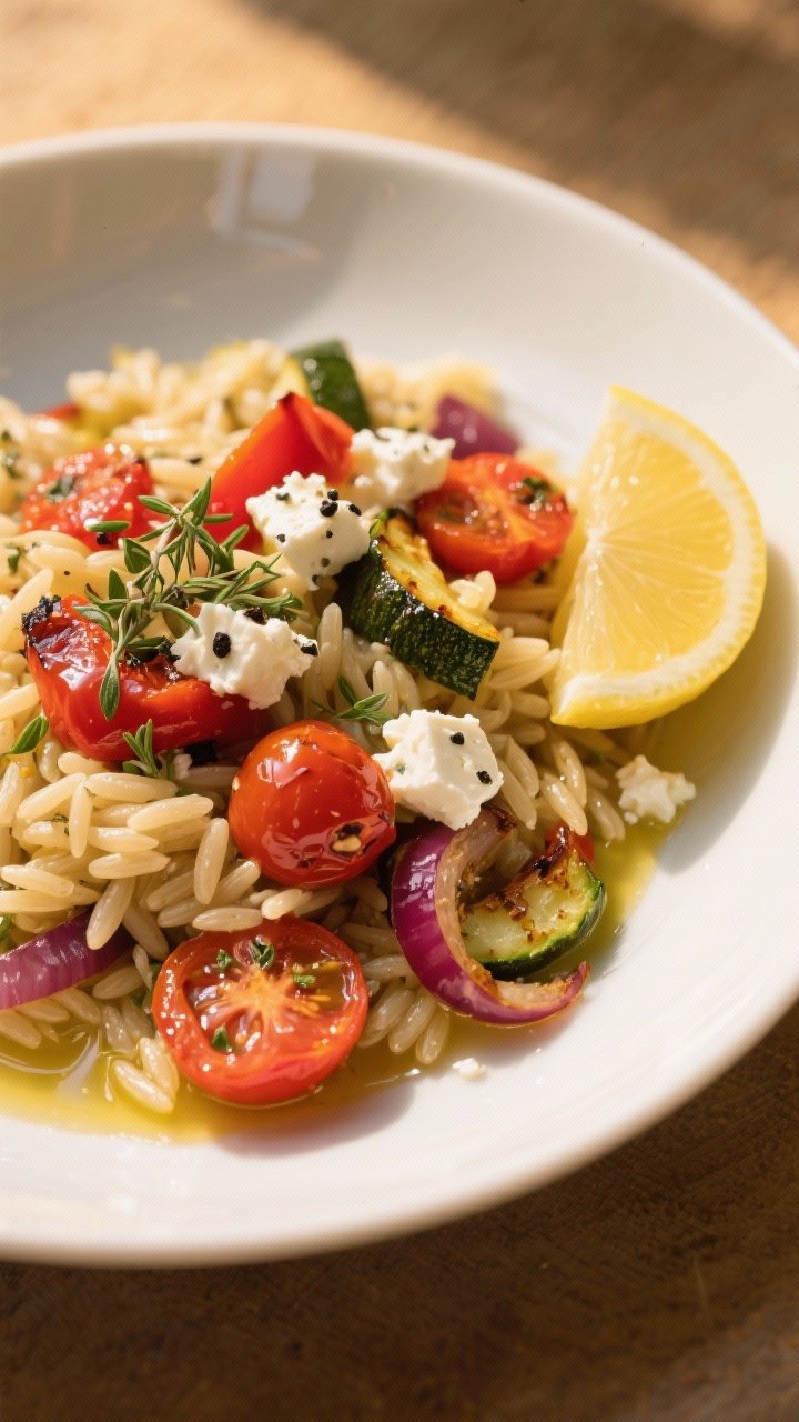 A 45-degree angle plated presentation of lemon-herb orzo tossed with roasted veggies and feta: glossy orzo mingled with roasted red bell pepper, zucchini, red onion, blistered cherry tomatoes, sprinkled dried oregano, crumbled feta, and visible black pepper; olive oil sheen; served in a shallow white bowl with a lemon wedge; warm golden light for Mediterranean vibe.