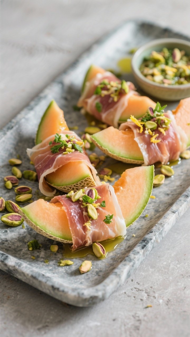 A 45-degree angle platter presentation of prosciutto-wrapped melon: cantaloupe wedges swaddled in translucent prosciutto, sprinkled with pistachio gremolata (finely chopped pistachios, parsley, lemon zest), a light sheen of olive oil, arranged on a cool stone tray with extra gremolata in a small bowl, vibrant green and coral tones.